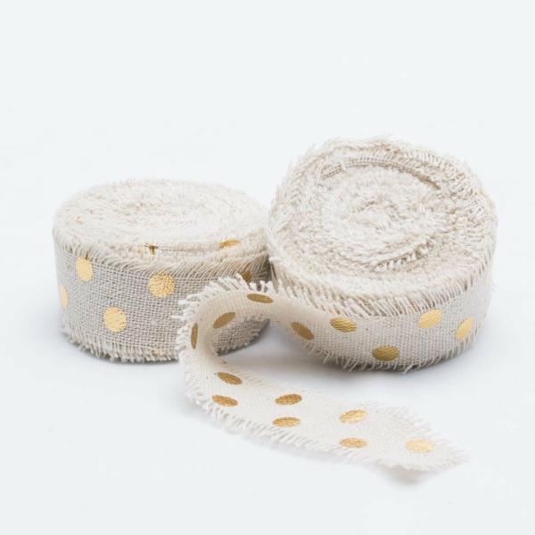 Fabric & Ribbon | Ribbon Linen Fringed Edge 1" X 5 Yards With Gold Dots Set Of 12 Crafts Fabric & Ribbon