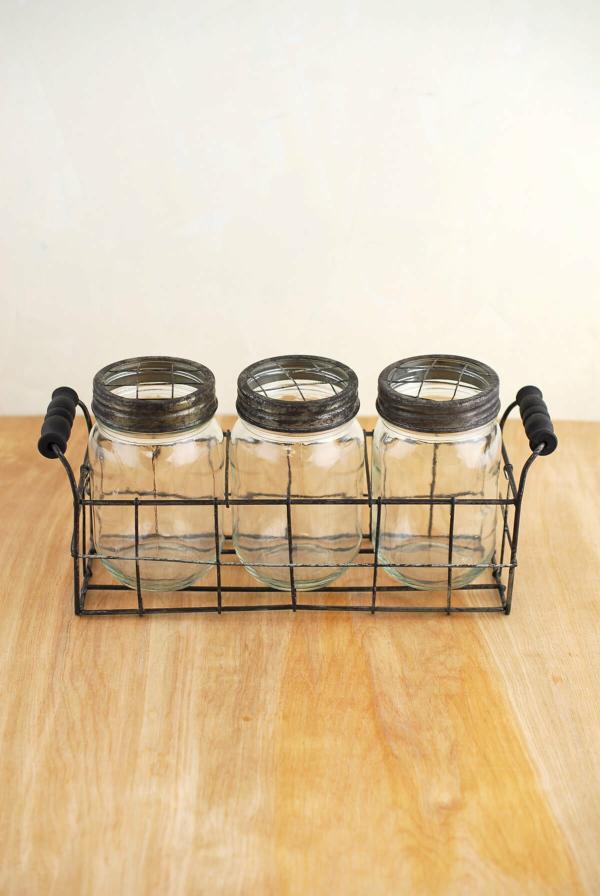 Flower Vases | Metal Wire Basket And 3 Glass Mason Jars With Frog Lids Flower Vases Flower Vases