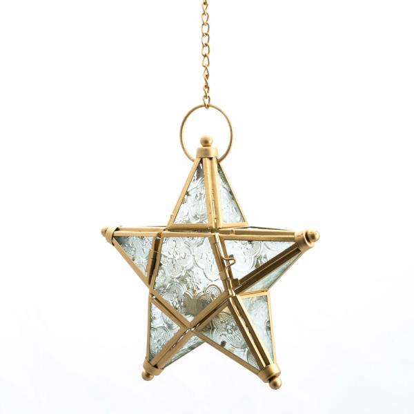 Lanterns | Hanging Star Metal Tealight Lantern Gold With Clear Embossed Glass Garden & Outdoor Lanterns