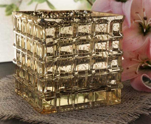 Mercury Candle Holders | Gold Mercury Mosaic Glass Cube 4.75" – Square Vase & Candle Holder Candle Holders Mercury Candle Holders