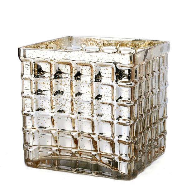 Mercury Candle Holders | Gold Mercury Mosaic Glass Cube 6" – Square Vase & Candle Holder Candle Holders Mercury Candle Holders