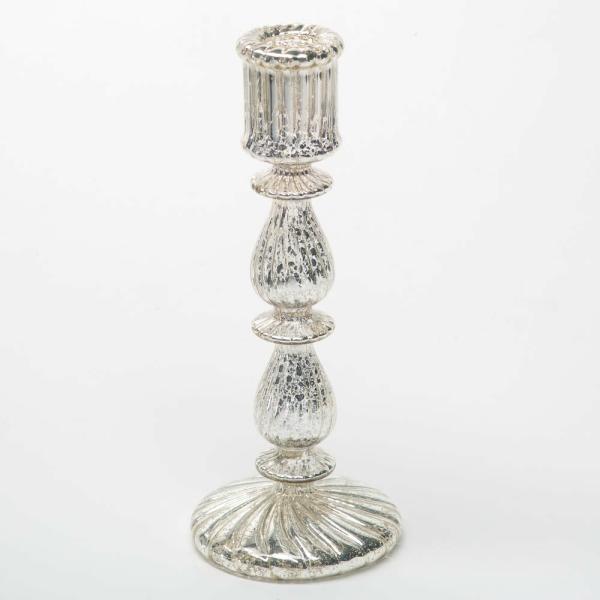 Mercury Candle Holders | Ribbed Unique Mercury Glass Taper Candle Holder 9.6" Candle Holders Mercury Candle Holders