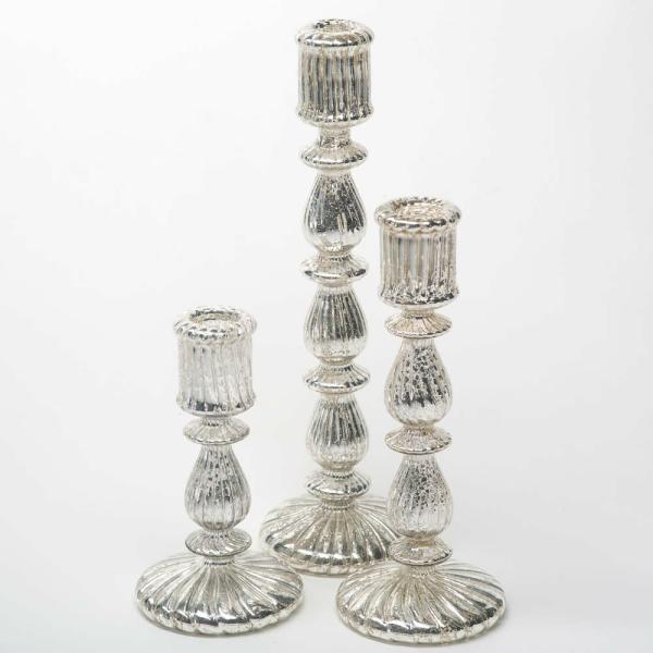 Mercury Candle Holders | Ribbed Unique Mercury Glass Taper Candle Holder Set Of 3 Candle Holders Mercury Candle Holders