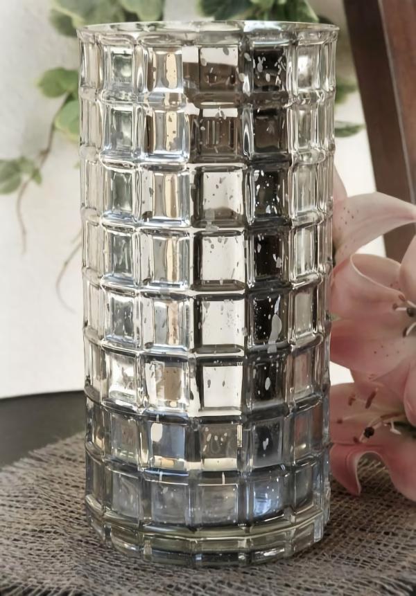 Mercury Candle Holders | Silver Mercury Mosaic Cylinder 10" – Vase & Candle Holder Candle Holders Mercury Candle Holders