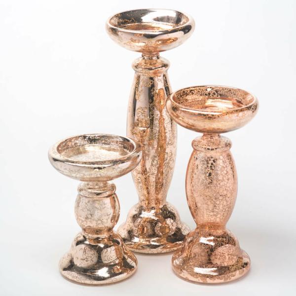 Mercury Candle Holders | Unique Rose Gold Mercury Glass Pillar Candle Holder Set Of 3 Candle Holders Mercury Candle Holders