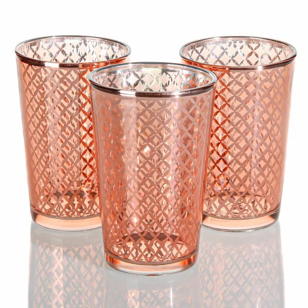 Metallic Candle Holders | Rose Gold Lattice Glass Holder – Large Set Of 6 Candle Holders Metallic Candle Holders