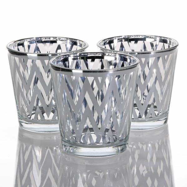 Metallic Candle Holders | Silver Chevron Glass Holder – Medium Set Of 6 Candle Holders Metallic Candle Holders