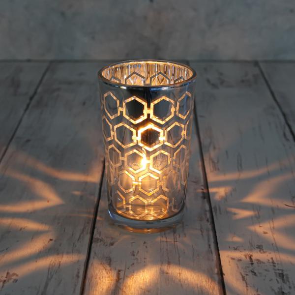 Metallic Candle Holders | Silver Hexagonal Glass Holder – Large Set Of 48 Candle Holders Metallic Candle Holders