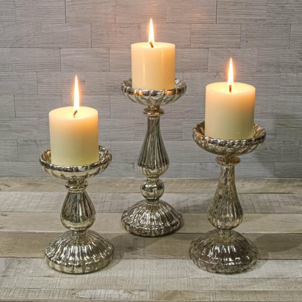 Pillar Candle Holders | Ribbed Unique Mercury Glass Pillar Candle Holder Set Of 3 Candle Holders Mercury Candle Holders