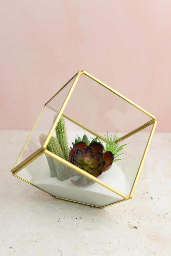 Square Vases | Hira Glass & Brass Terrarium Angled Cube 4.7" Square Vases Square Vases