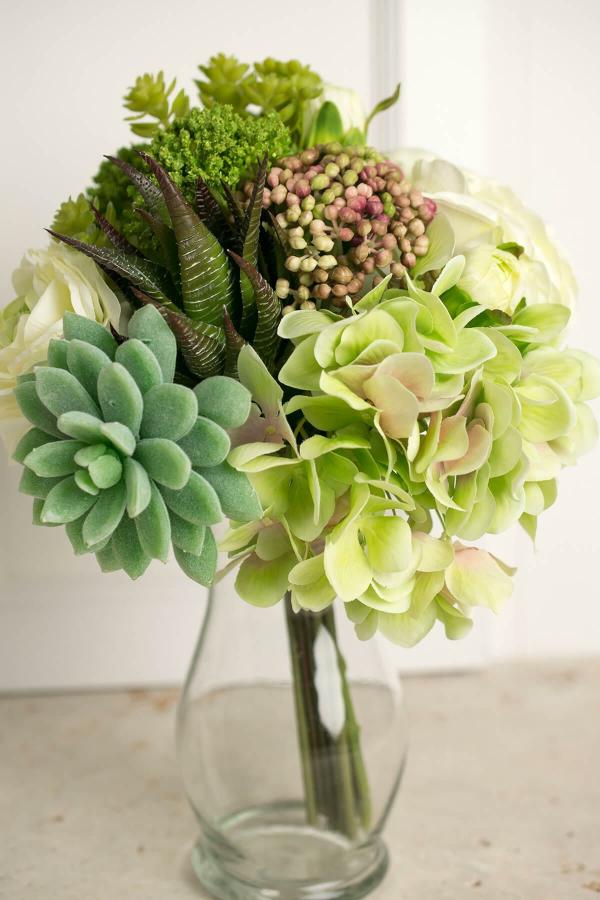 Succulents | Real Touch Succulents With Faux Hydrangea & Rose Bouquet 12" Naturals & Florals Succulents