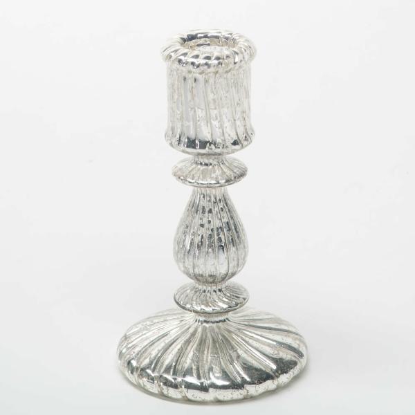 Taper Candle Holders | Ribbed Unique Mercury Glass Taper Candle Holder 7" Candle Holders Mercury Candle Holders