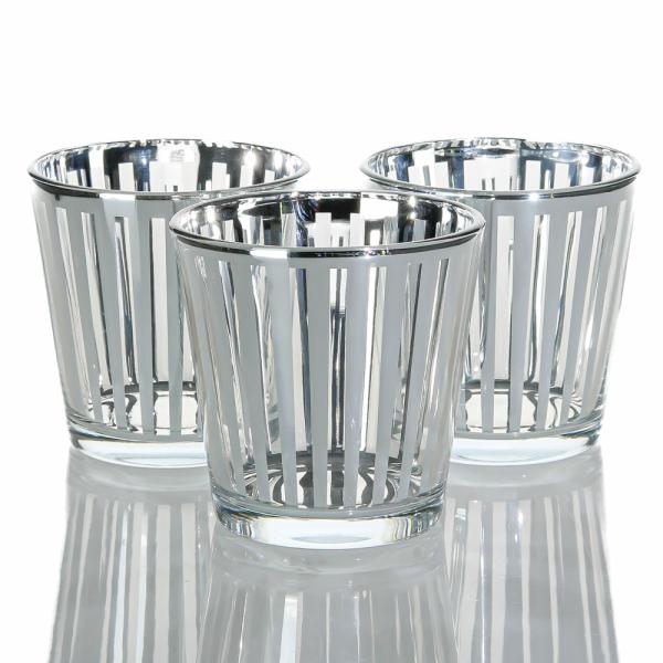 Votive Candle Holders | Silver Stripe Glass Holder – Medium Set Of 6 Candle Holders Metallic Candle Holders