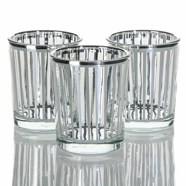 Votive Candle Holders | Silver Stripe Glass Holder – Small Set Of 12 Candle Holders Metallic Candle Holders